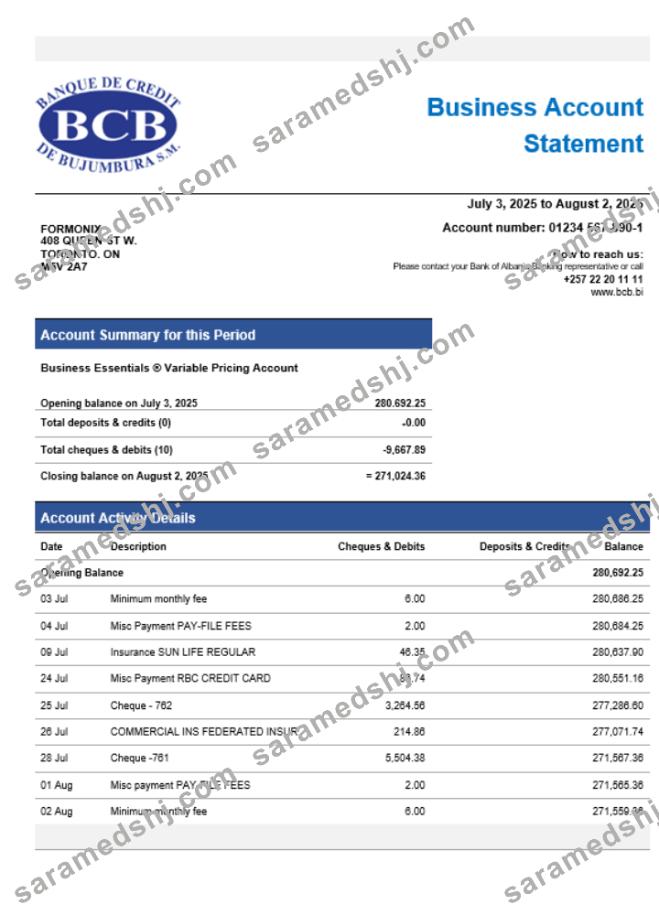 Credit Bank of Bujumbura enterprise account statement Word and PDF template